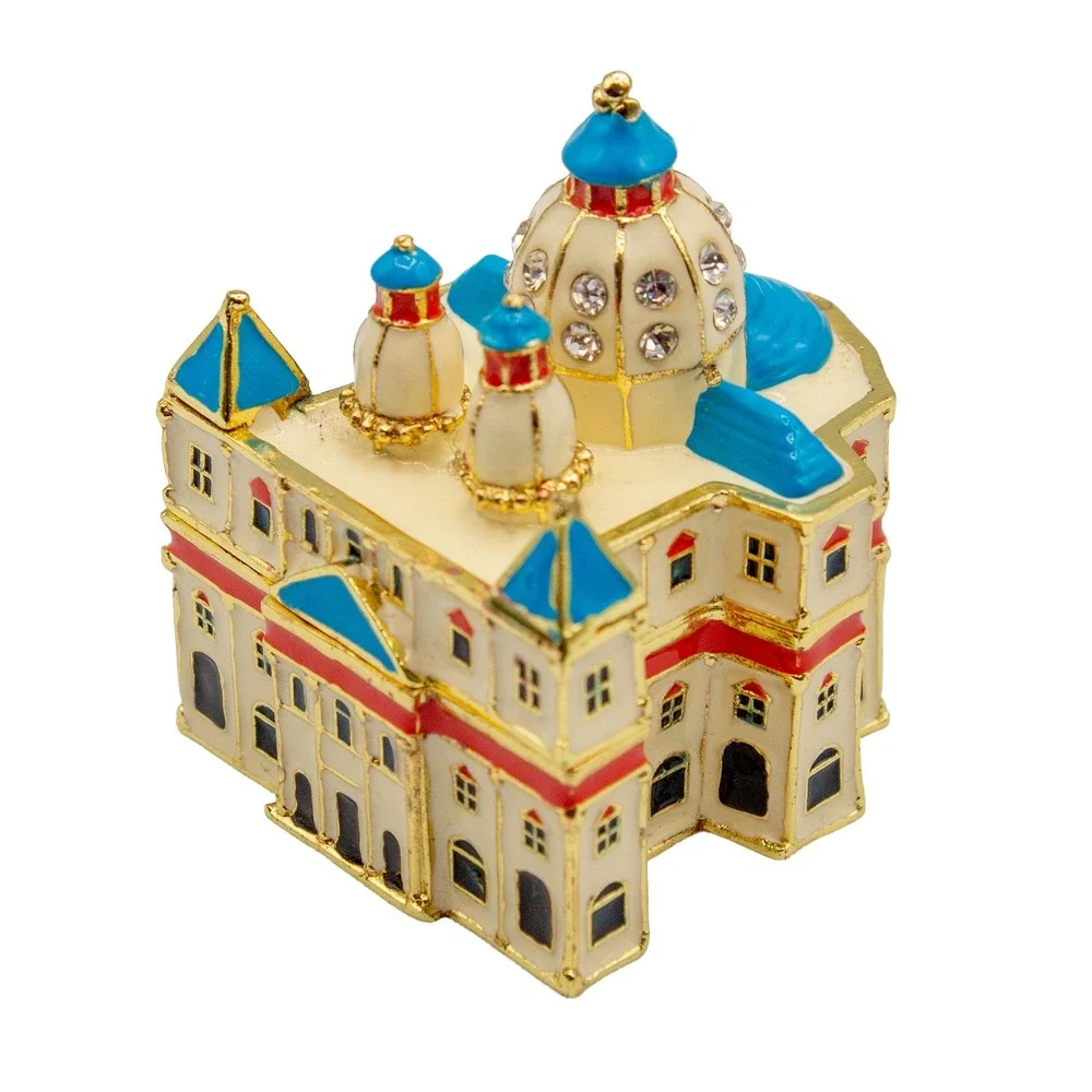 Work of Art Enameled Cathedral Trinket Box Gold Tone Crystal Jeweled Hinged Case